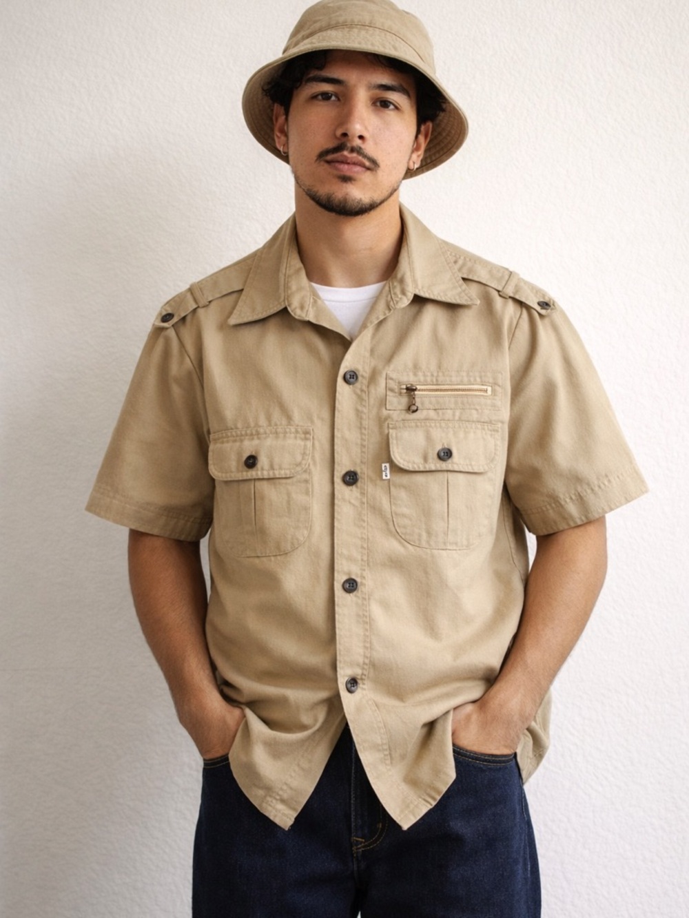 Vintage 70’s/80’s Levi’s Khaki Safari/Utility button down, short sleeve shirt